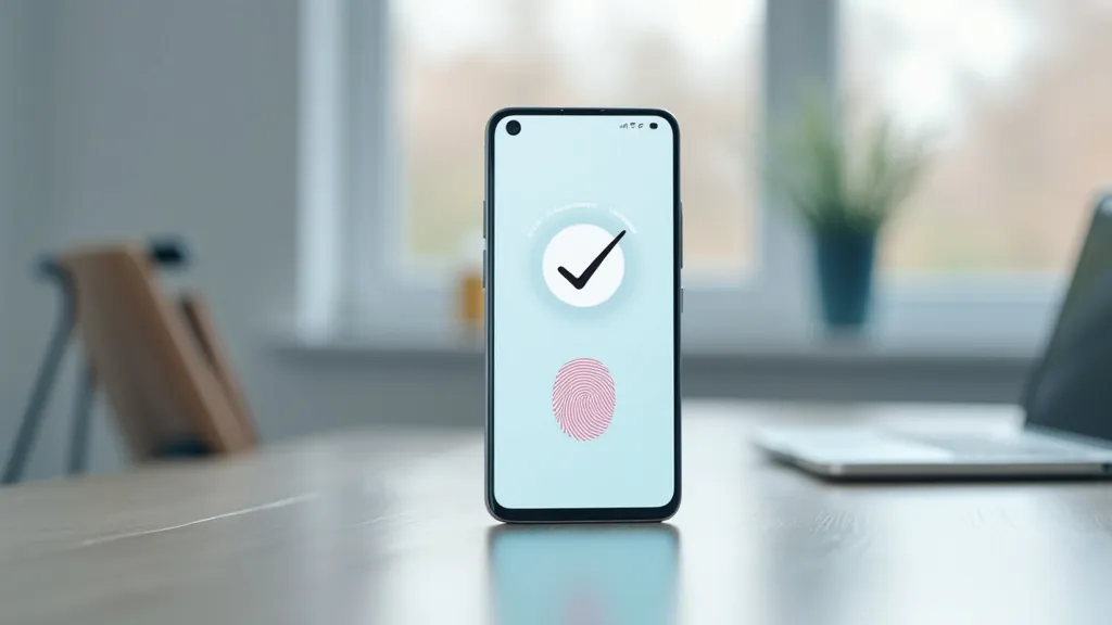 Älypuhelin pöydällä, ruudulla pankkisovelluksen kirjautumisnäkymä ja sormenjälkikuvake