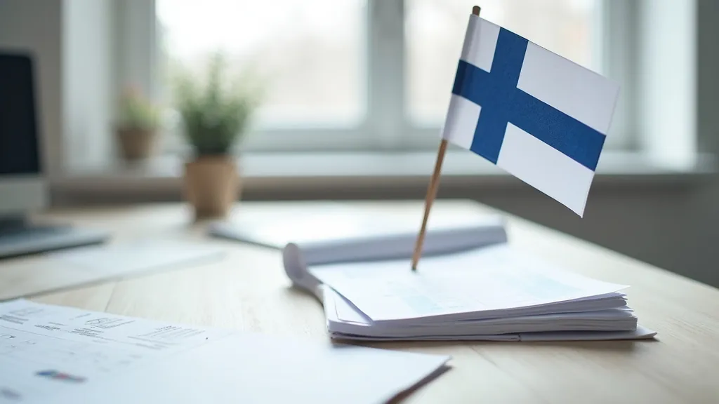 Pieni Suomen lippu, pino lakiasiakirjoja ja kalenterin sivu pöydällä